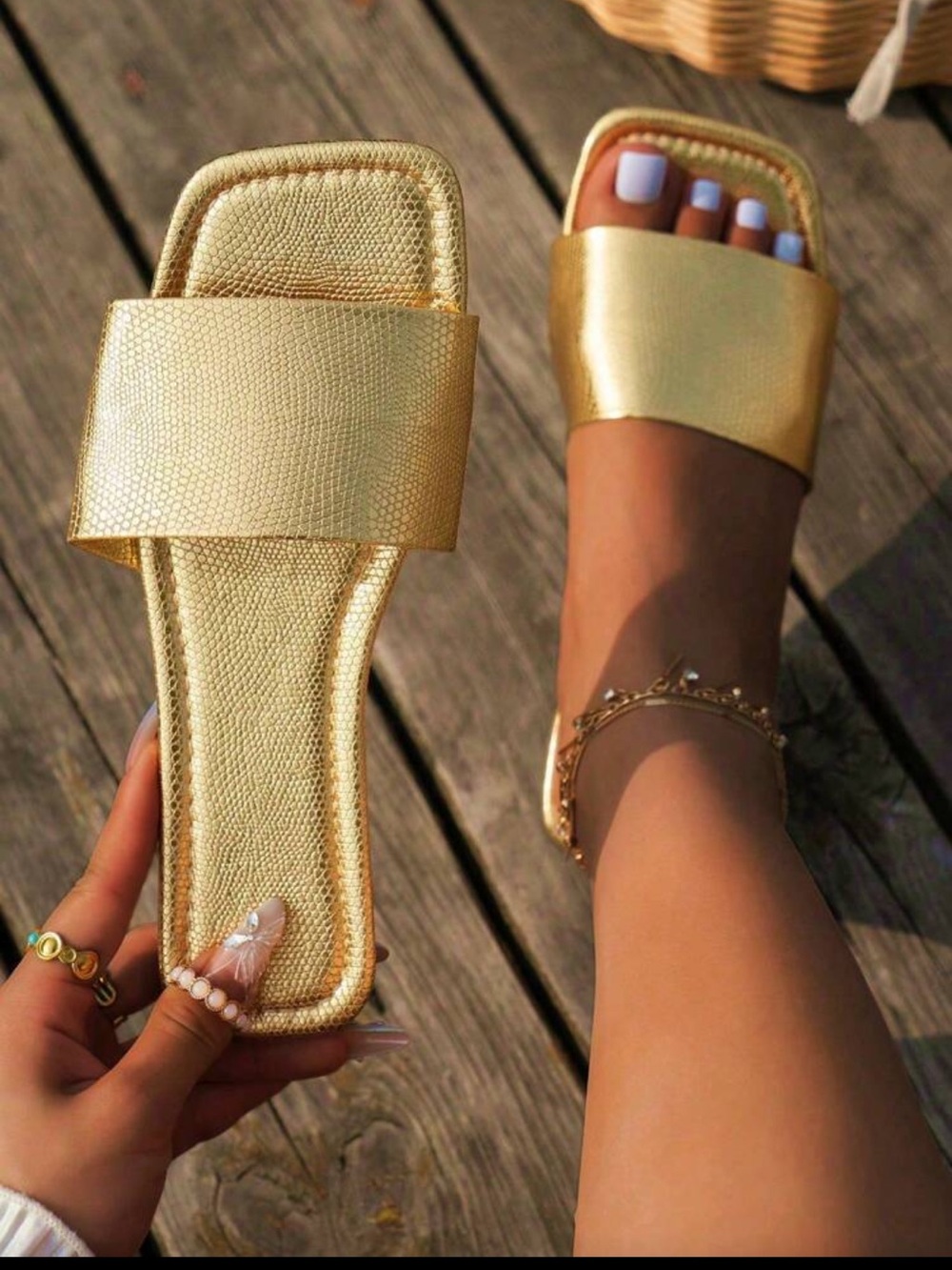 Metallic Champagne Slide Sandals - Women's Slip-On